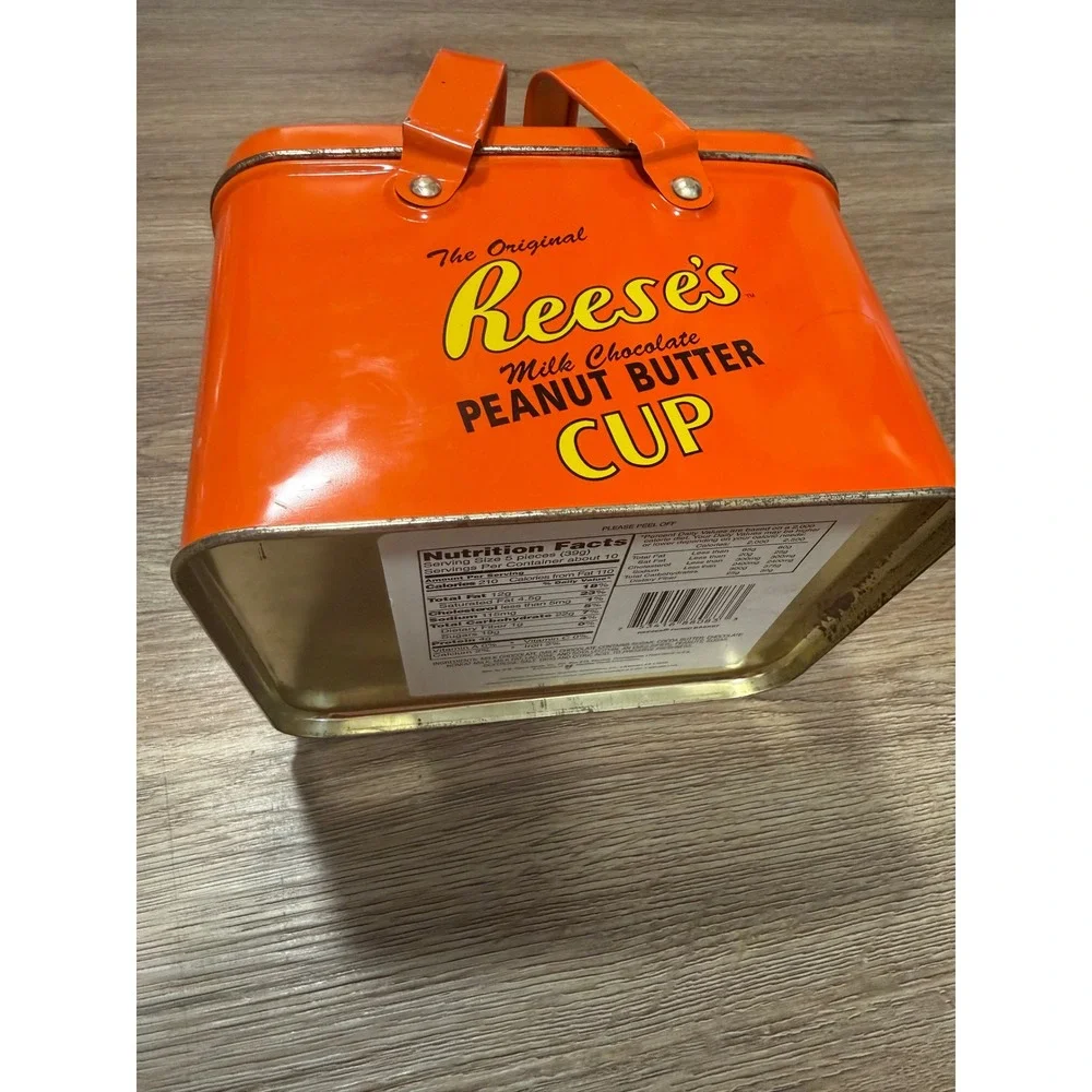 Reeses Peanut Butter Cup Collectible Metal Tin Storage Box Orange‎ Vintage
